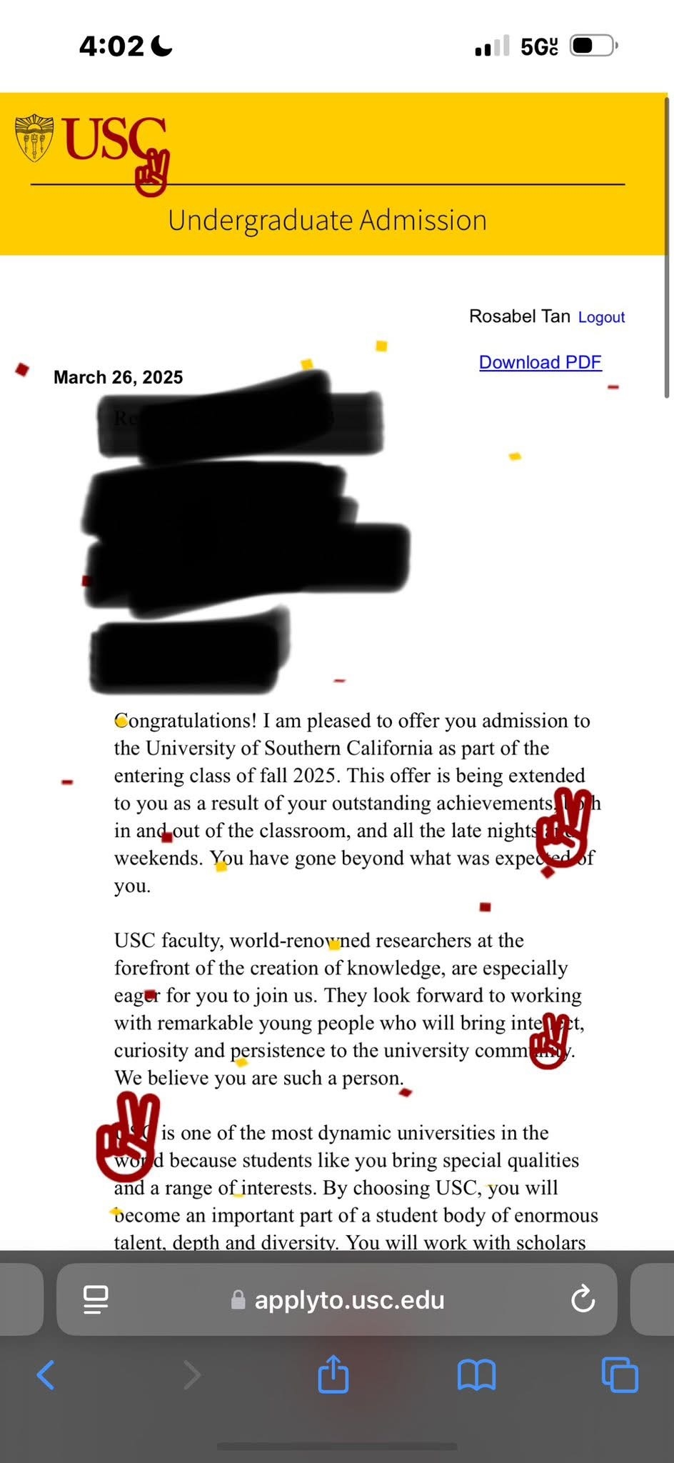 University of Southern California  入學通知信小圖