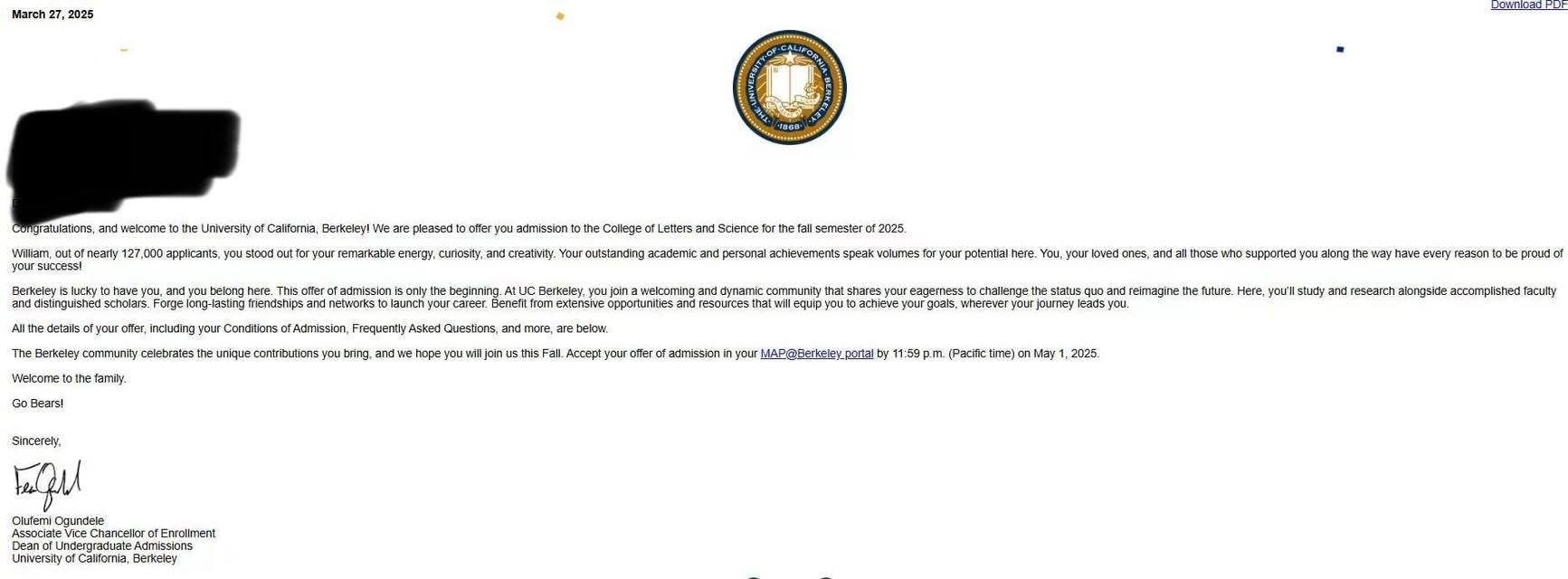 UC Berkeley  入學通知信小圖