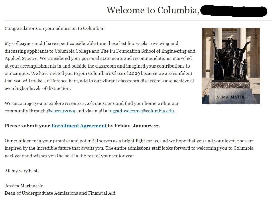 Columbia University   入學通知信小圖