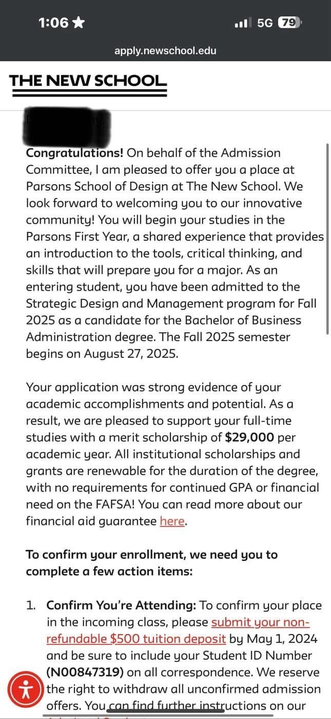 Parsons School of Design 入學通知信小圖